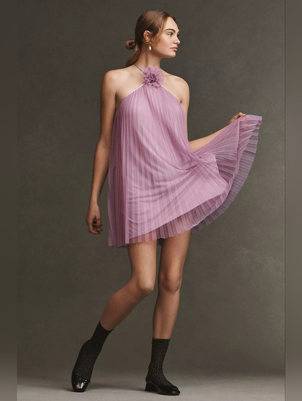 Pleated Halter Mini Dress with Floral Neck Accent - Lavender - Picture 2 of 9